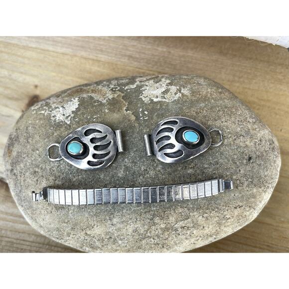 Navajo Sterling Silver Turquoise Bear Paw Watch Tips w/ Band Native American - Picture 2 of 4